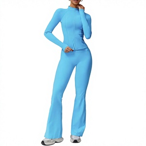 Ensemble de yoga pour femmes, haut court bleu, leggings taille haute, sans couture, en spandex et polyester, vêtements de sport deux pièces, longueur intégrale - Product Image 1