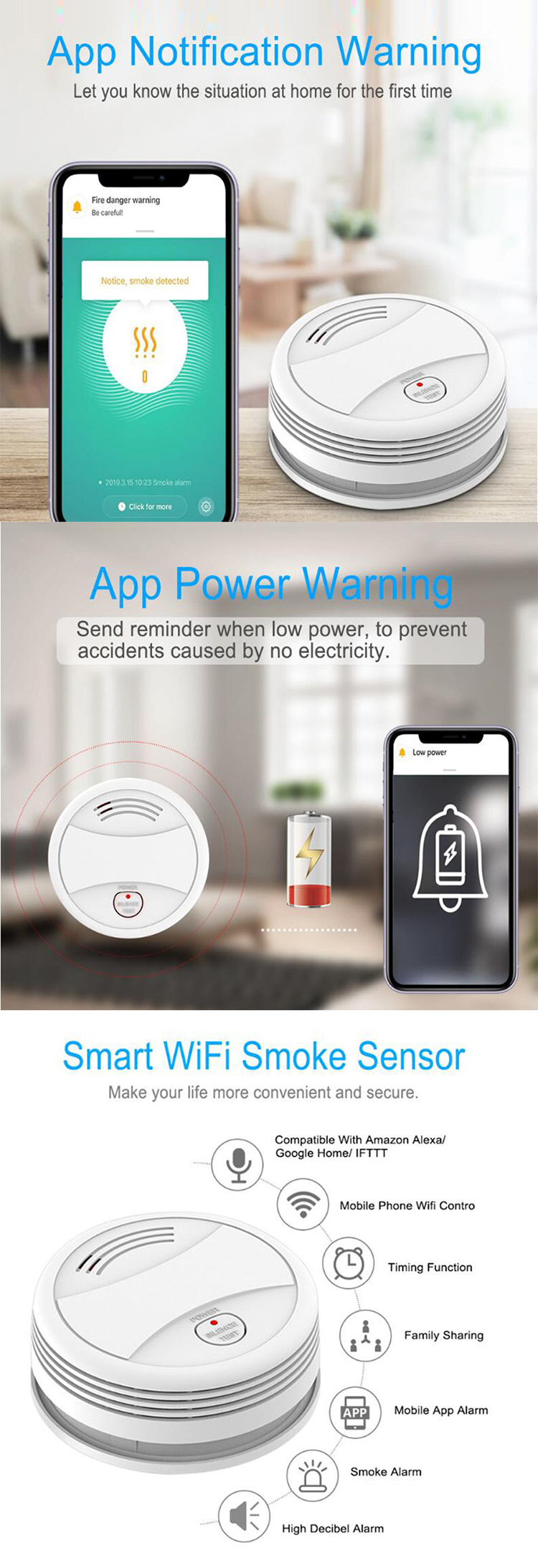 Wholesale factory price external smoke alarm sensor WiFi smoke alarm for home security protection