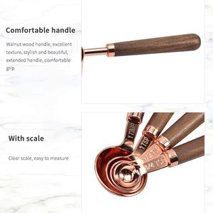 High Quality Metal Rose Gold Plated <b>Measuring</b> <b>Spoons</b> Set with Wooden Handle Round Shape Kitchen Utensils - Product Image 5