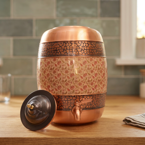 Handcrafted Pure <b>Copper</b> Water Dispenser Ayurvedic Storage Tank with Floral Print & Leak-Proof Tap for Home Office Usage - Product Image 2
