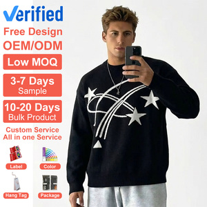 Fabricant de pulls en tricot lâche à col rond 100 % coton pour hommes, style streetwear, motif étoile, épaules tombantes, personnalisés OEM/ODM - Product Image 1