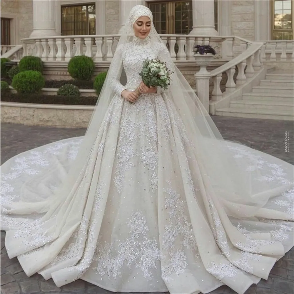 Vestido de noiva com lantejoulas, vestido de casamento com gola alta e laço, linha para país, vestidos de noiva com véu