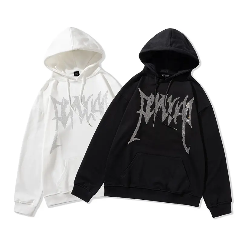 High quality french terry pullover fashion hoodie men custom printed plus size men's cotton polyester hoodies with rhinestone
