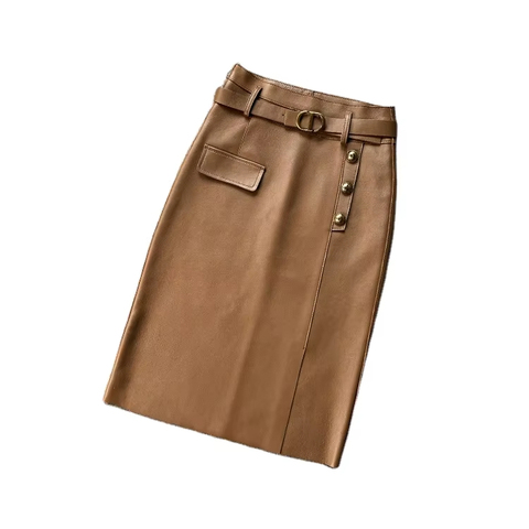 2323 Fashion Women's Long Sheepskin Skirt for Daily Commuting Genuine Mature Lady in Leather Skirt Nappa Leather