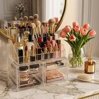 Organisateur de maquillage en acrylique transparent, boîte de rangement cosmétique, présentoir à bijoux, support de bureau avec tiroirs, porte-rouge à lèvres, 2 pièces