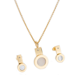 Conjunto de Aretes de Acero de Titanio con Incrustaciones de Concha Dorada, Diseño Geométrico Redondo, Conjunto de Joyería de Moda con Collar - Product Image 2