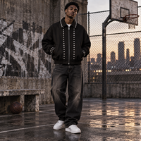 Blouson Noir Personnalisé à Clous, Vente en Gros B2B, Unisexe, Coupe Oversize, Zippé, Rivets Métalliques, Style Punk Streetwear, Veste Bomber Décontractée, OEM ODM