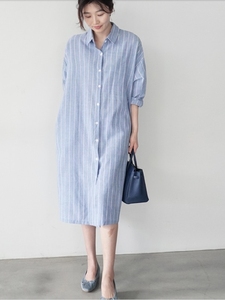 Robe décontractée mi-longue en crêpe à rayures, taille naturelle, manches longues, style navetteur, pour femme, collection printemps-automne, vente en gros - Product Image 2