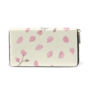 Cartera Minimalista con Cierre y Estampado de Hojas Rosas, Cartera de Mano de Cuero Vegano Blanco Crema con 12 Ranuras para Tarjetas para Mujeres y Niñas - Product Image 4