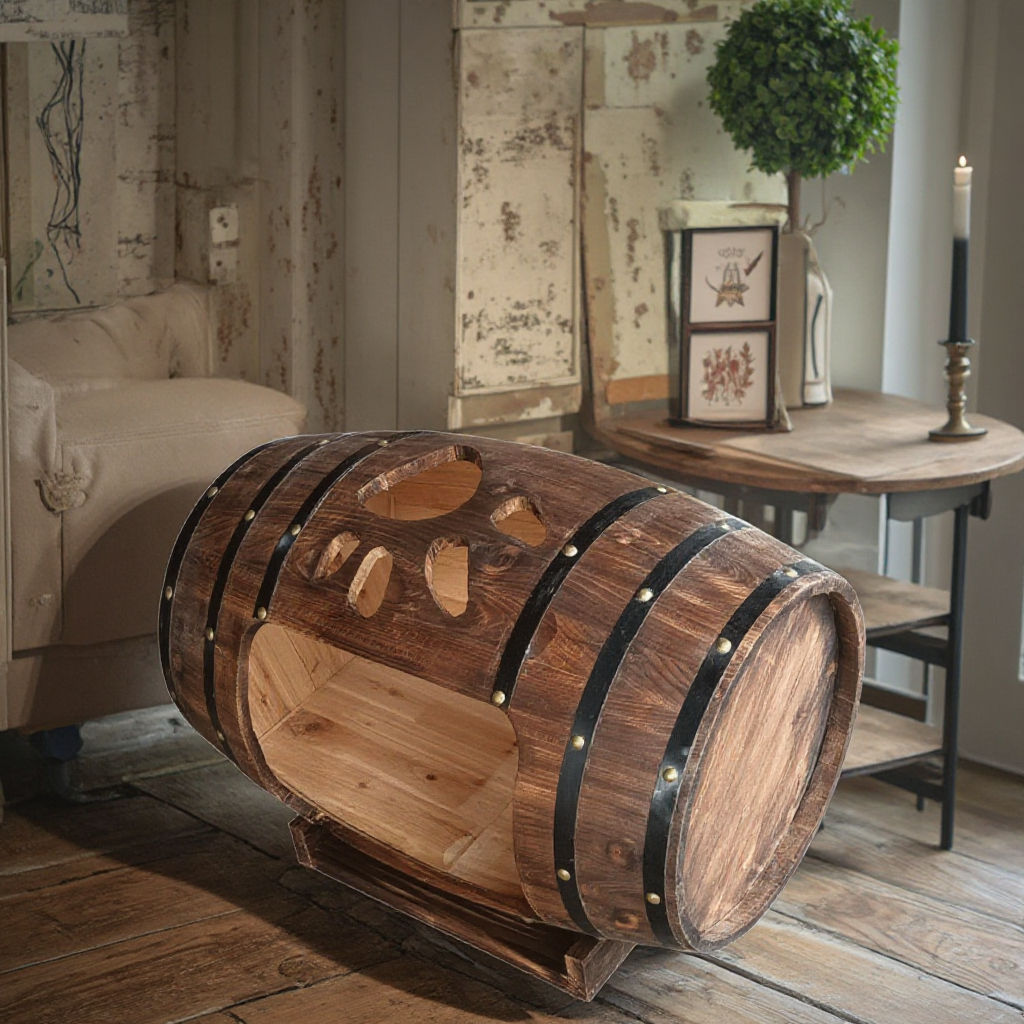 Antique Wine Barrel Style Portable Dog House Winter Warm Enclosed Made of  Wood Party Use Length 80cm