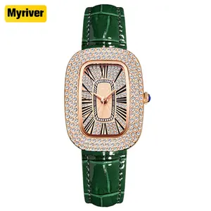 Myriver最新のブリンブリンピンクダイヤルバストダウン腕時計ダイヤモンドバンドでいっぱいアイスアウトラグジュアリーチェーンローマンゴールドガールズクォーツ時計