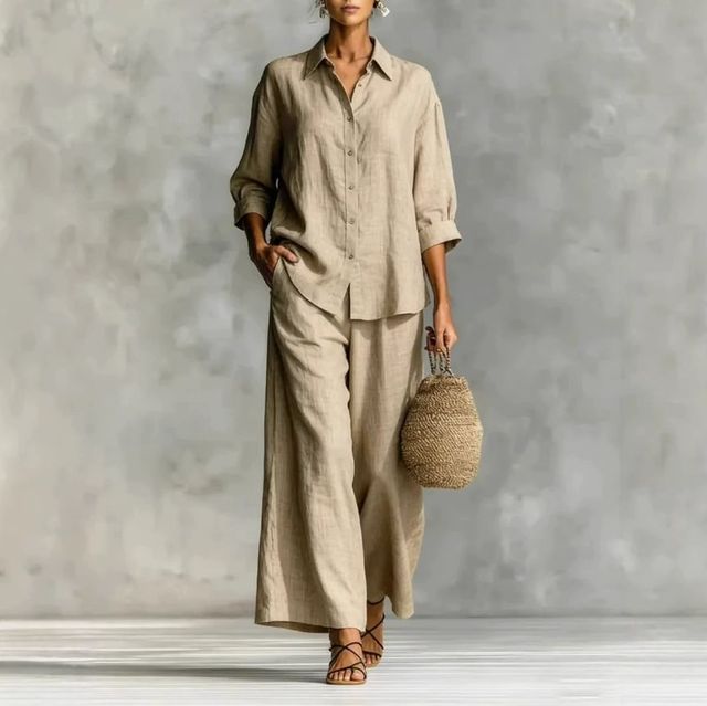 New Women's Set 2026 Casual Women's Clothing European and American Cotton and Linen Wide Leg Pants 2-piece Set