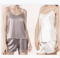 Ensemble pyjama court en satin de soie 100% pour fille, été-printemps, avec haut camisole et bretelles spaghetti, taille élastique, vêtements de nuit