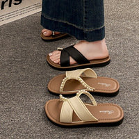 Chaussures de Mode Été Plage Confortables Plates à Bout Ouvert Bicolores pour Femmes avec Perles et Lumières