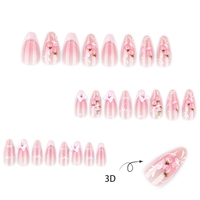 Faux Ongles Roses Fraise Personnalisables en Gros – Forme Amande avec Nœud 3D et Motif Floral, Matériau PMMA, Longueur Moyenne