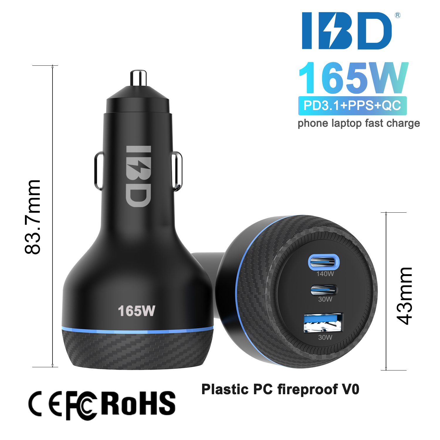 Plastic 165W Fast car charger