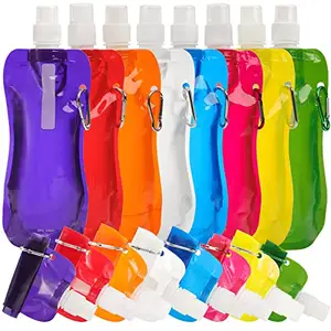 Custom Collapsible Water Bottles BPA-Free16 Oz Reusable Drinking Water Bags Water Pouch with Carabiner