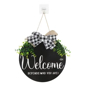 Jinn Home Black Round Wood Bow ghirlande di fiori decorativi swag per porta d'ingresso benvenuto artigianato in legno, scatole di legno e cartelli da parete