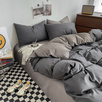 Parure de Lit Uni Tendance en Coton Lavé Quatre Pièces Housse de Couette Drap Plat et Taies d'Oreiller Douce et Agréable pour la Peau Maison Hôtel