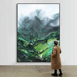 Pintura al óleo pintada a mano, paisaje verde, arte de montaña, marco de metal, arte decorativo de pared para sala de estar, fondo de sofá - Product Image 3