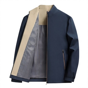<b>Men's</b> <b>Navy</b> Blue Stand Collar Racer <b>Jacket</b> With Zipper Closure Windproof Casual Autumn Wear Polyester Shell Lining - Product Image 3