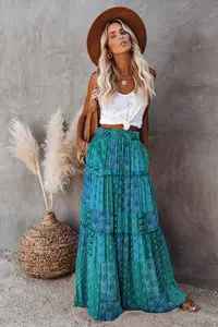 Women Boho Skirt Casual High Waist Tiered Paisley Print Long Maxi Dress With Pockets