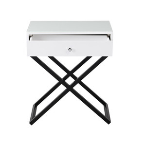 Koraldo 23W White Wooden <b>Side</b> <b>Table</b> With Glass Top <b>Drawer</b> Metal Cross Base Nightstand - Product Image 4