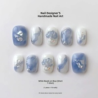 LemiVibe Umi No Kaze – Faux ongles en gel coréens mignons, bleu clair, 100 % faits main, application facile, pré-conçus, en plastique, autocollants pour ongles