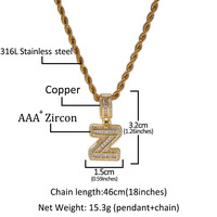 Collier Pendentif Lettre Initiale Hip Hop en Laiton, Sertie de Pierres CZ Baguette, 26 Lettres Disponibles