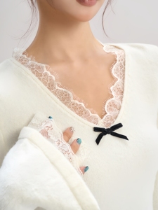 Haut d'automne Diba <span class=keywords><strong>La</strong></span> pour femmes New Style Velvet Bow Knit avec chemisier à col en V bordé de dentelle à volants - Product Image 2