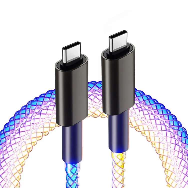 Kabel Data USB mengalir LED 6A RGB, kabel Data isi daya Cepat 100W, kabel Data pengisian daya Cepat USB Tipe C