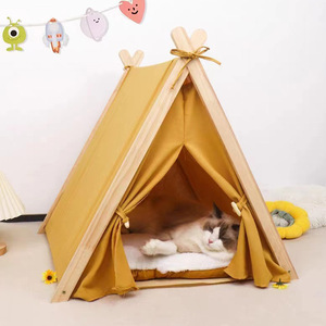 <strong>Cat</strong> <strong>Bed</strong> Wooden Tent-Style Pet House Detachable Washable Indoor Outdoor Winter Warming Cotton Pad All-Season Universal - Product Image 3