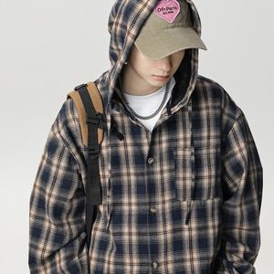 Chemise-veste à manches longues à capuche en flanelle à carreaux contrastés, style vintage, luxe discret, unisexe, nouvelle collection printemps-été-automne 2025 - Product Image 5