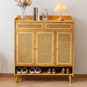 Nordic Style Rattan <b>Shoe</b> Cabinet With Drawers Natural Wood Color Large Capacity Entryway <b>Storage</b> Shelf For Living Room Entrance - Product Image 1