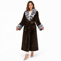 Manteau long en fausse fourrure à imprimé léopard pour femme, élégant, chaud, avec ceinture, col et poignets contrastés en fausse fourrure moelleuse, manteaux en fausse fourrure écologique