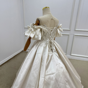 Vestidos de niña de las flores Wn1788 de satén color marfil, largos hasta el suelo, con lazo, manga abullonada y cuentas, 100% poliéster, para fiestas de cumpleaños - Product Image 6