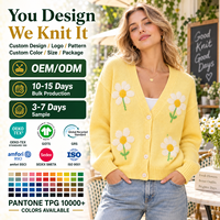 Cardigan en tricot pour femme personnalisé, motif floral marguerite, col en V, boutonné, manches longues, coupe ample, OEM ODM, MOQ flexible