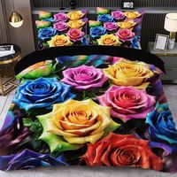 Parure de draps lavable avec housse de couette et taie d'oreiller, motif floral rose coloré imprimé numérique 5D, tailles twin, simple et double