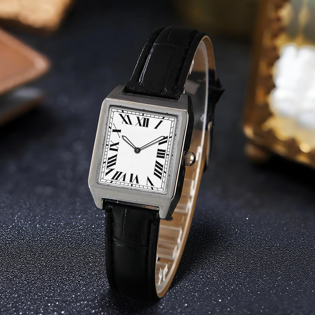 Stock Water Resistance Classic Men's Square Wrist Watch Leather Band Crystal Dial Quartz Fashion Simple Design IP Coating