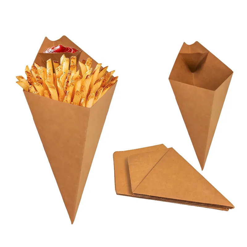 Großhandel benutzer definierte Logo Einweg Pommes Frites Papier kegel mit Ketchup Sauce Tablett Waffel Eis Verpackung Conicals Churros Chips