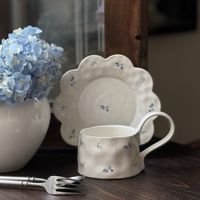 Tasse à café en céramique artisanale vintage française à motif floral, avec poignée en soie, résistante aux hautes températures, passe au micro-ondes, soucoupe incluse