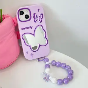 日韩热销紫色蝴蝶化妆镜iphone 14promax硅胶手机壳