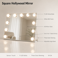 Miroir de maquillage éclairé en bois blanc avec lumières, 37 cm, angle réglable, 3 modes de couleur, variateur d'intensité, capteur tactile