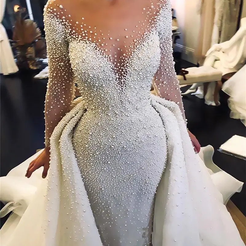 High-end Pearl Heavy Beaded Long Sleeve Wedding Dresses Dubai Wedding Gowns With Detachable Tail