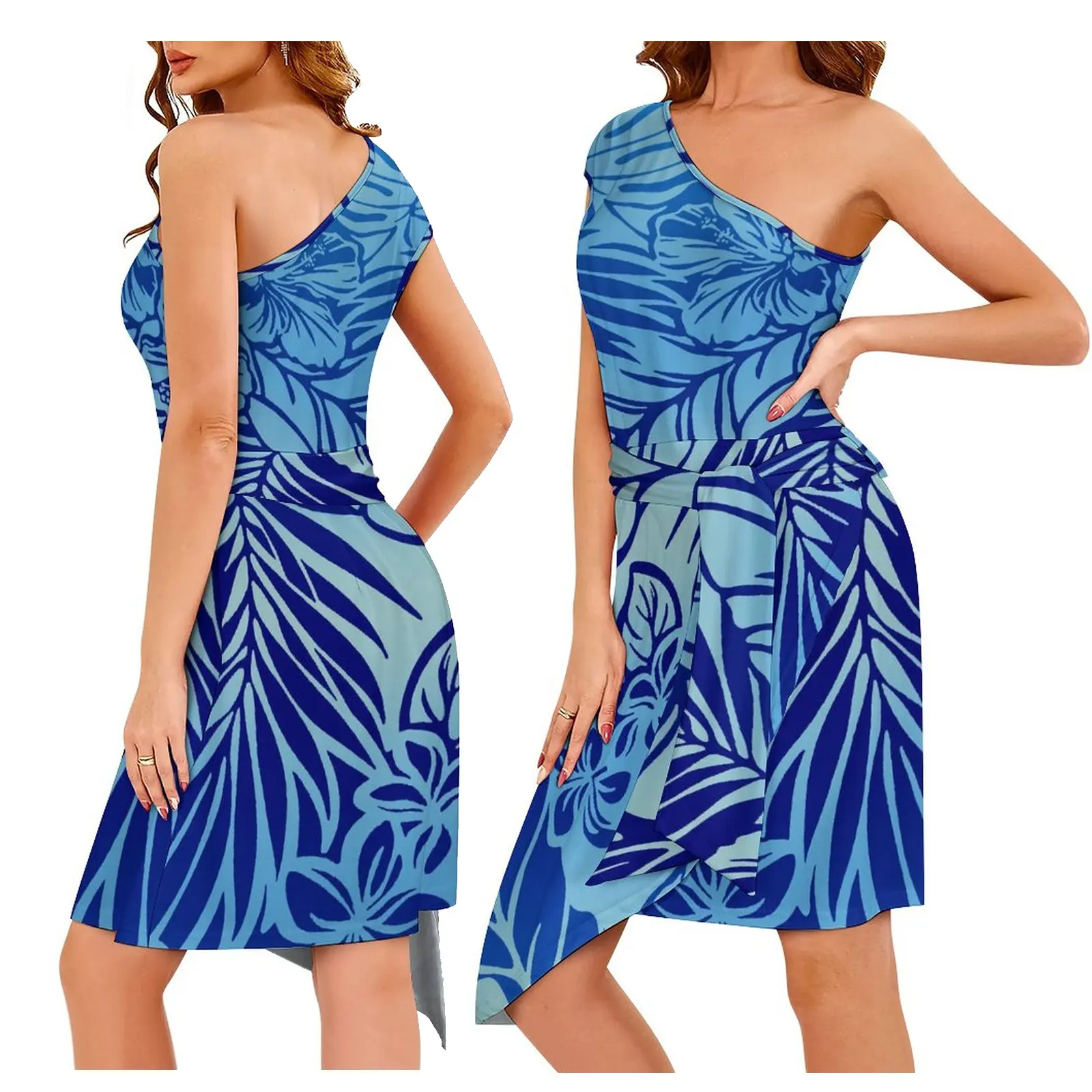 clothing manufacturers custom summer dresses 2023 navy blue plus size fashion hibiscus print island polynesian samoa dress