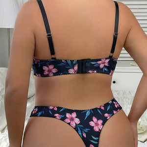 Country-style black and pink floral print plus size lingerie with push-up, high <b>elasticity</b>, breathable fabric, and <b>lace</b> trim. - Product Image 2