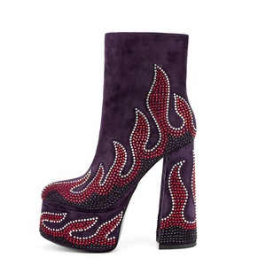 Diamonds Fire Patchwork <b>Round</b> <b>Toe</b> Women Platform Short Boots Side Zipper Women Suede Ankle Booties High Chunky <b>Heels</b> Shoes - Product Image 2