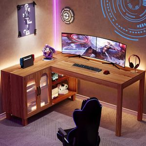 SENYU Bureau d'angle en L en bois massif avec armoire de rangement en verre Changhong, idéal pour l'étude et l'ordinateur à domicile, direct usine transfrontalière - Product Image 5