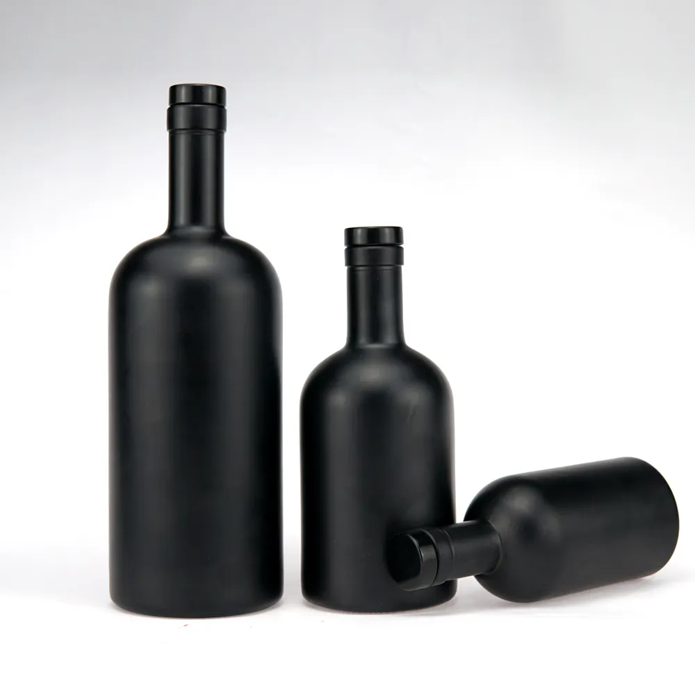 פלינט זכוכית מט שחור כפור 200 מ ל 375 מ ל 500 מ ל 700 מ "ל 750 מ" ל עגול וודקה רוח ויסקי ג 'ין בקבוק זכוכית ליקר עם פקק