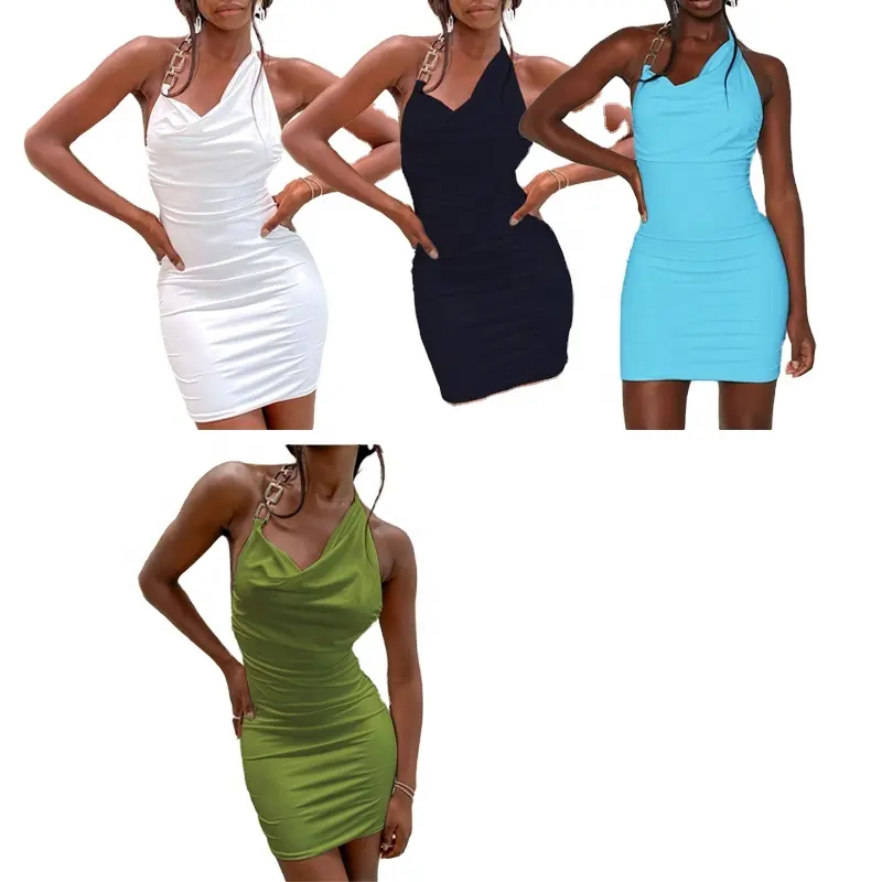 Women's Sexy Casual Dress Factory Wholesale Price Stock Chain Halter Tight Bodycon Solid Color Suspender Summer Slim